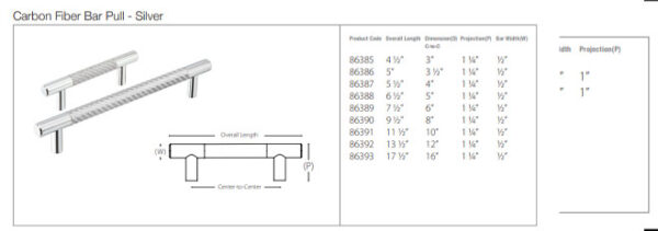 Emtek Carbon Fiber Silver Bar Pull, Cabinet Pull, Tech Specs
