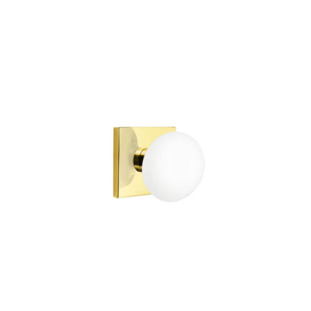 Emtek Ice White Modern Door Knob w/Square Rosette, Shown In Unlacquered Brass