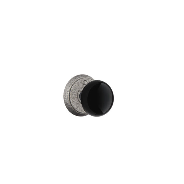 Madison Black Wrought Steel Door Knob w/#2 Rosette, Shown In Satin Steel
