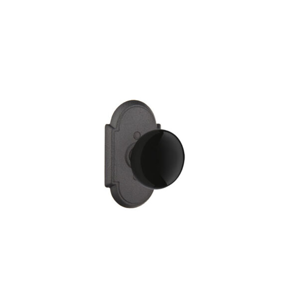 Madison Black Wrought Steel Door Knob w/#1 Rosette, Shown In Flat Black Steel
