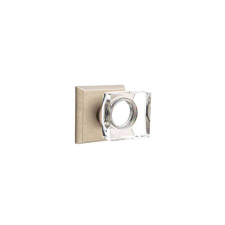 Emtek Hardware Sandcast Bronze Modern Square Crystal Clear Door Knob w/#6 Rosette, Shown In Tumbled White Bronze