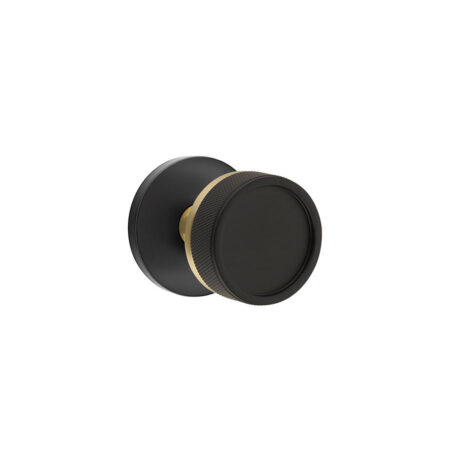 Emtek Select Conical Knurled Door Knob w/Disk Rosette Shown In Flat Black, Conical Stem Shown In Satin Brass