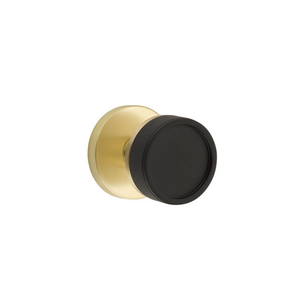 Emtek Select Conical Knurled Door Knob Shown In Flat Black w/Disk Rosette & Conical Stem Shown In Satin Brass