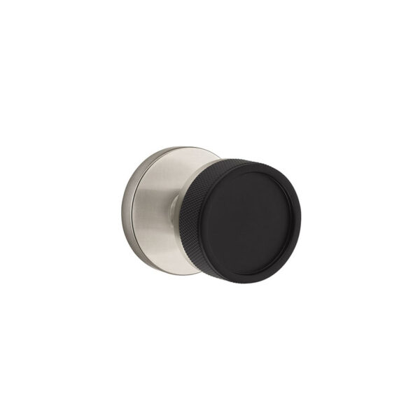 Emtek Select Conical Knurled Door Knob Shown In Flat Black w/Disk Rosette & Conical Stem Shown In Satin Nickel
