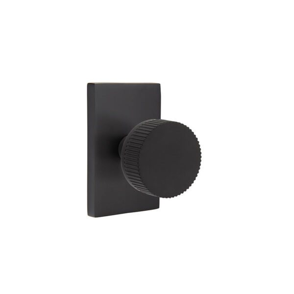 Emtek Select Conical Straight Knurled Door Knob w/Modern Rectangular Rosette, Shown In Flat Black