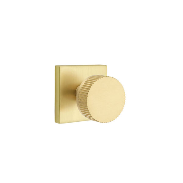 Emtek Select Conical Straight Knurled Door Knob w/Square Rosette, Shown In Satin Brass