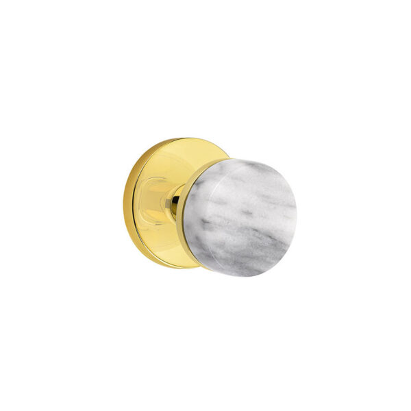 Emtek Select Conical White Marble Door Knob w/Neos Rosette & Conical Stem Shown In Unlacquered Brass