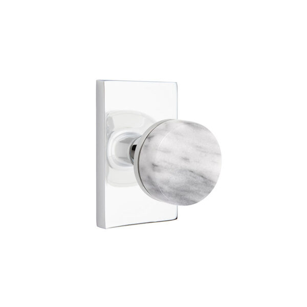 Emtek Select Conical White Marble Door Knob w/Modern Rectangular Rosette & Conical Stem Shown In Polished Chrome