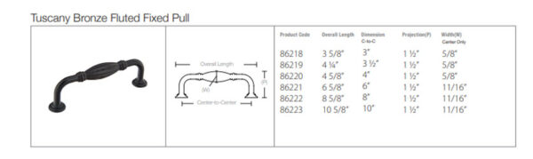 Emtek Tuscany Bronze Fluted Fixed Cabinet Pull, Tech Specs