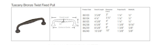 Emtek Tuscany Bronze Twist Cabinet Pull, Tech Specs