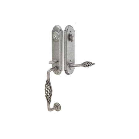 Emtek Wrought Steel Monolith Tubular Entryset Lafayette Grip w/Lafayette Lever Shown In Satin Steel