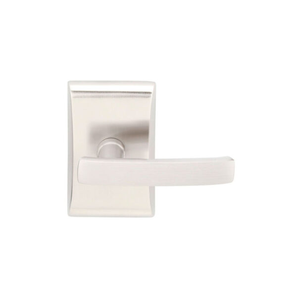 Emtek Geneva Brass Door Lever w/Neos Rosette, Shown in Satin Nickel
