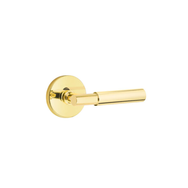 Emtek Myles Modern Brass Door Lever w/Disk Rosette, Shown in Unlacquered Brass