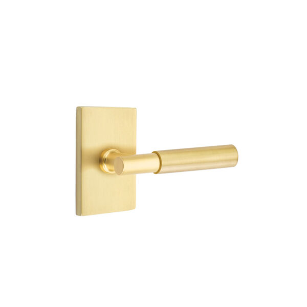 Emtek Myles Modern Brass Door Lever w/Modern Rectangular Rosette, Shown in Satin Brass