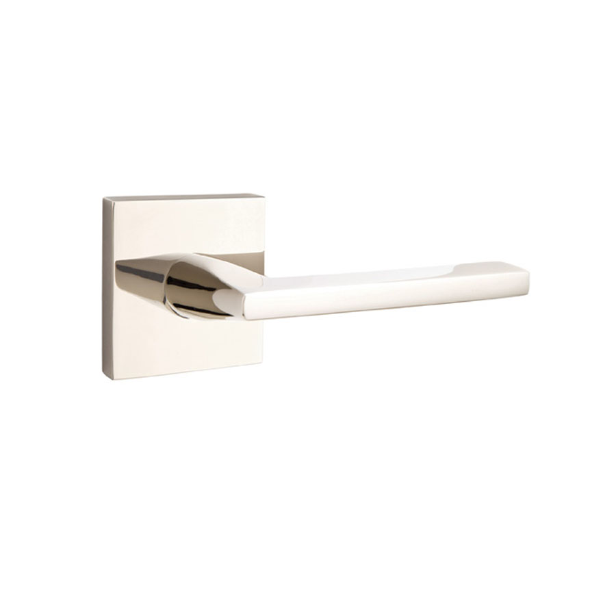 Emtek Helios Brass Door Lever w/Square Rosette, Shown in Polished Nickel