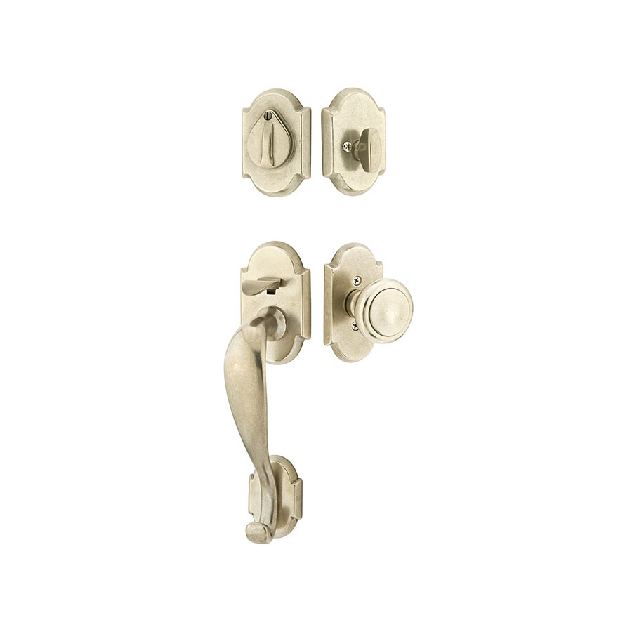 Emtek Hardware Sandcast Bronze Denver Tubular Entryset w/Butte Knob Shown In Tumbled White Bronze