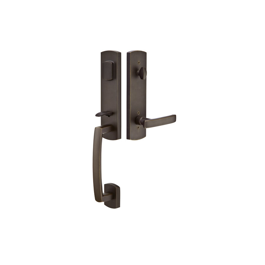 Emtek Hardware Sandcast Bronze Logan Tubular Entryset w/Yuma Lever Shown In Medium Bronze