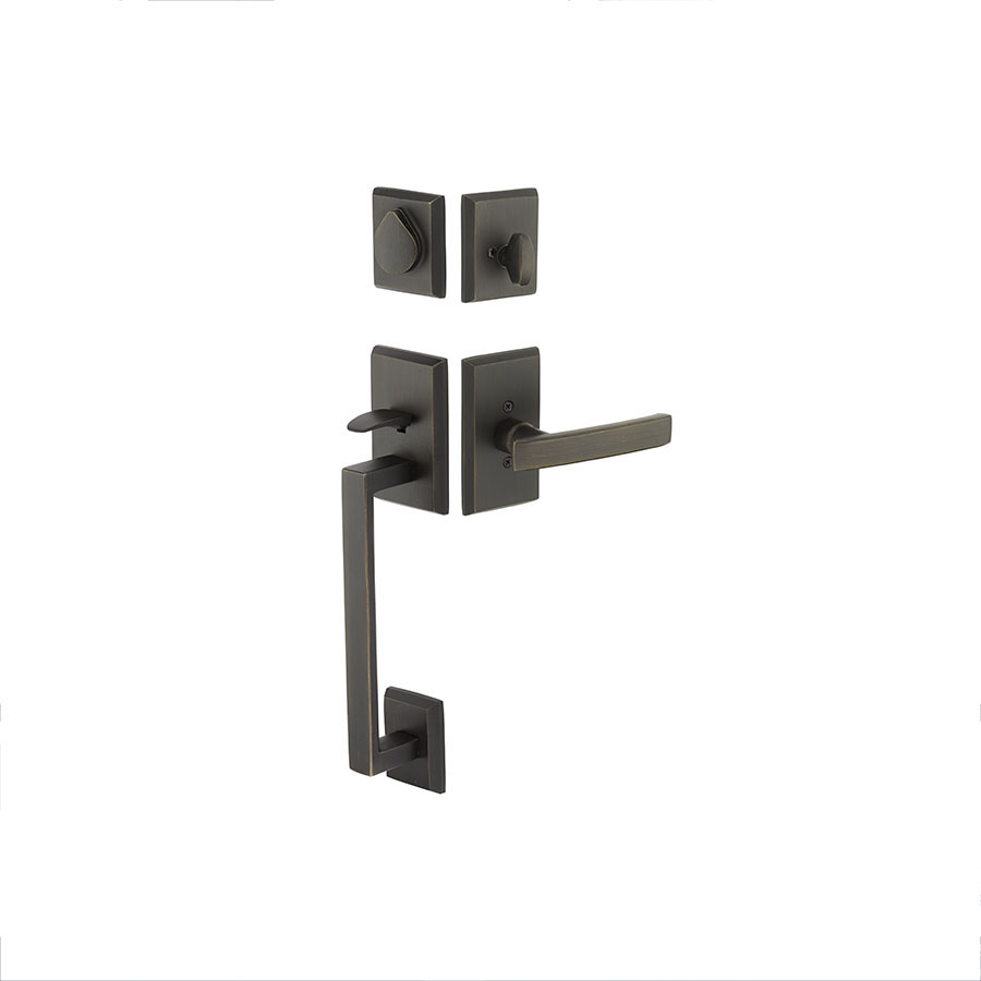 Emtek Hardware Sandcast Bronze Rustic Modern Rectangular Sectional Tubular Entryset w/Yuma Lever Shown In Medium Bronze