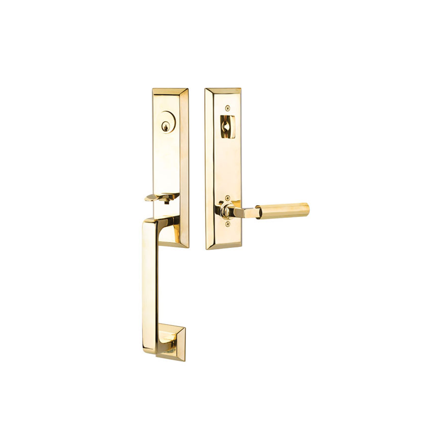 Emtek Hardware Transitional Heritage Monolithic Brass Tubular Entry Set w/EMTEK SELECT, L-Square Faceted Lever Shown In Unlacquered Brass